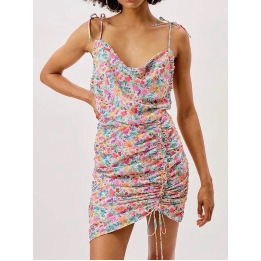 For Love & Lemons Floral Leah Ruched Mini Dress Cowl Neck Open Back NWT size S